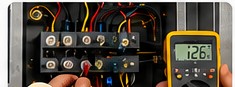 RV electrical panel being tested with a multimeter